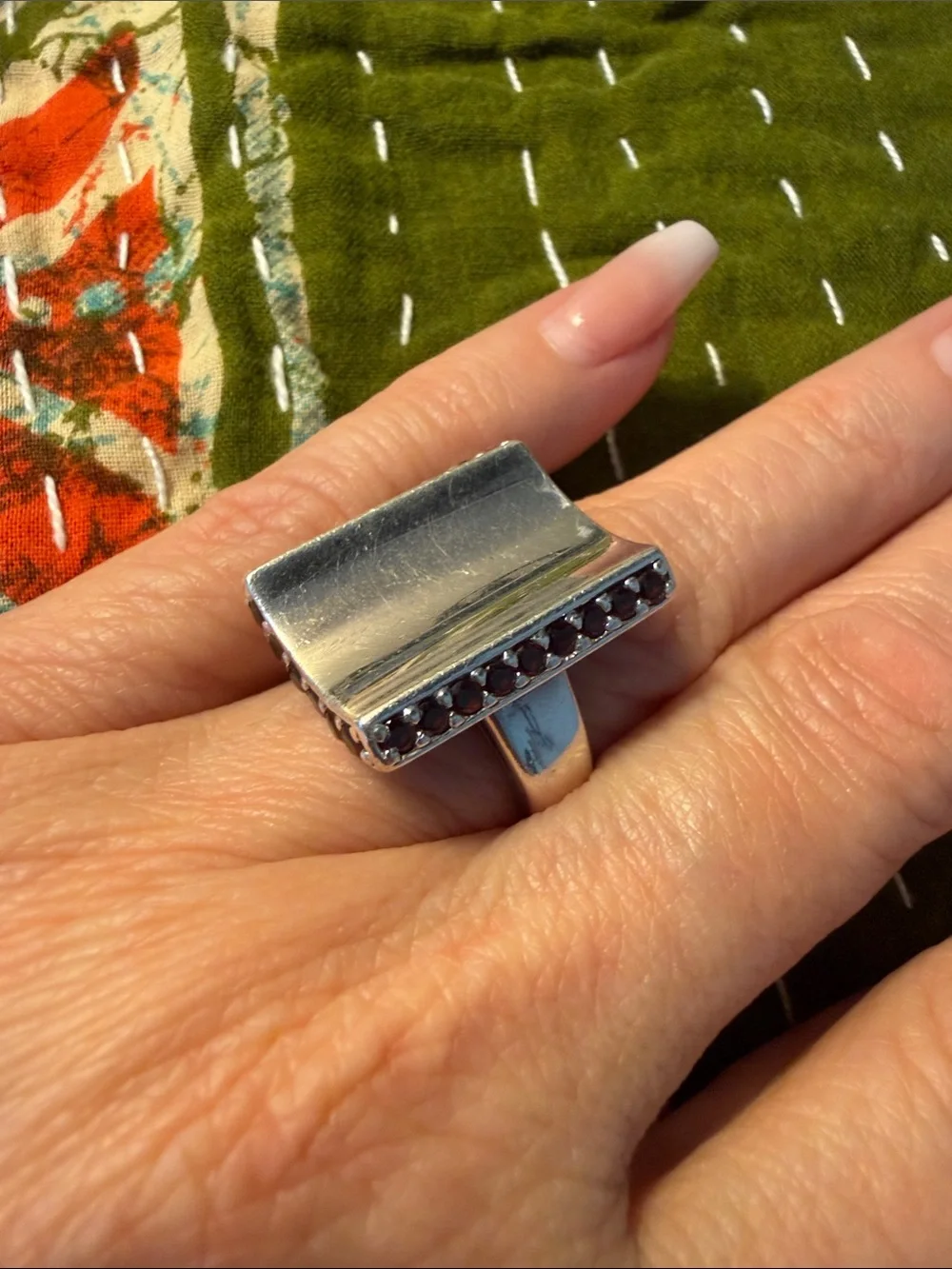 Modern Rectangular Sterling Silver Ring with Garnet Rows On Every Side